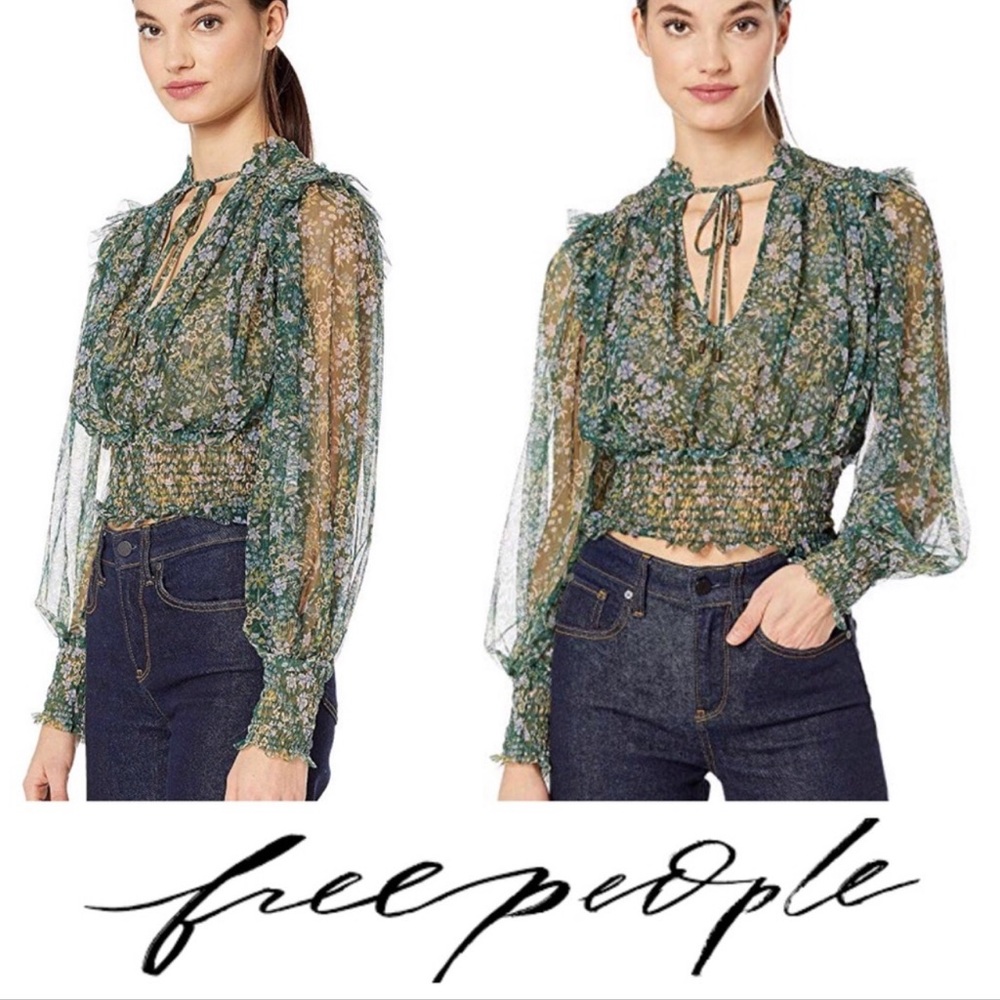 Free People Twyla Printed Floral Emerald Green Smocked Crop Top Blouse Size XS
